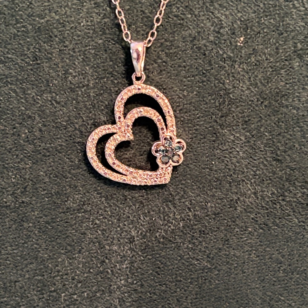 Elegant Silver  Heart Pendant Necklace with sparkling blue stone cluster
